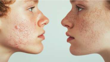 A close-up of two men's faces with acne and scarring. Types of acne concept