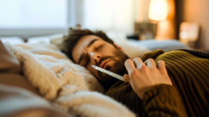 A sick man is lying on the sofa checking his temperature. Fever in adults concept