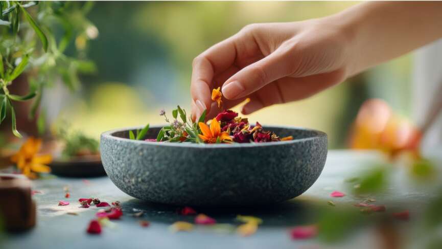 Herbs berries and flowers on the table. medicinal plants concept