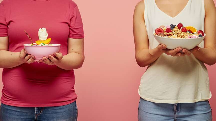 One girl is holding a bowl full of carbs while the other is full of protein. carbs vs. protein concept
