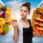 A girl with two choices fats and nutritional foods. Importance of fats concept