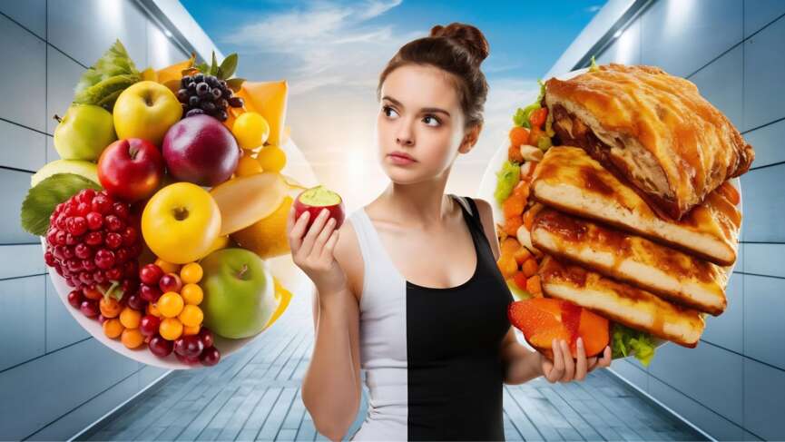 A girl with two choices fats and nutritional foods. Importance of fats concept