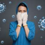 Close up of woman in mask. Preventing infections concept