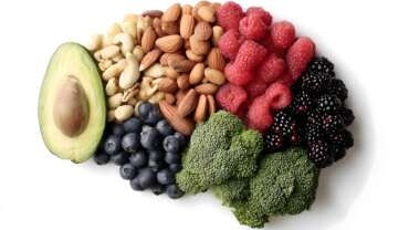 a group of healthy foods for brain power, such as berries, walnuts, broccoli, and avocado