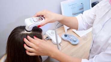 Microscopic examination of the hair and skin of the scalp. Concept, laser therapy for hair loss