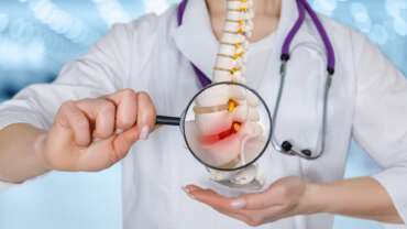 Detailed examination of a bone marrow biopsy model by a medical professional