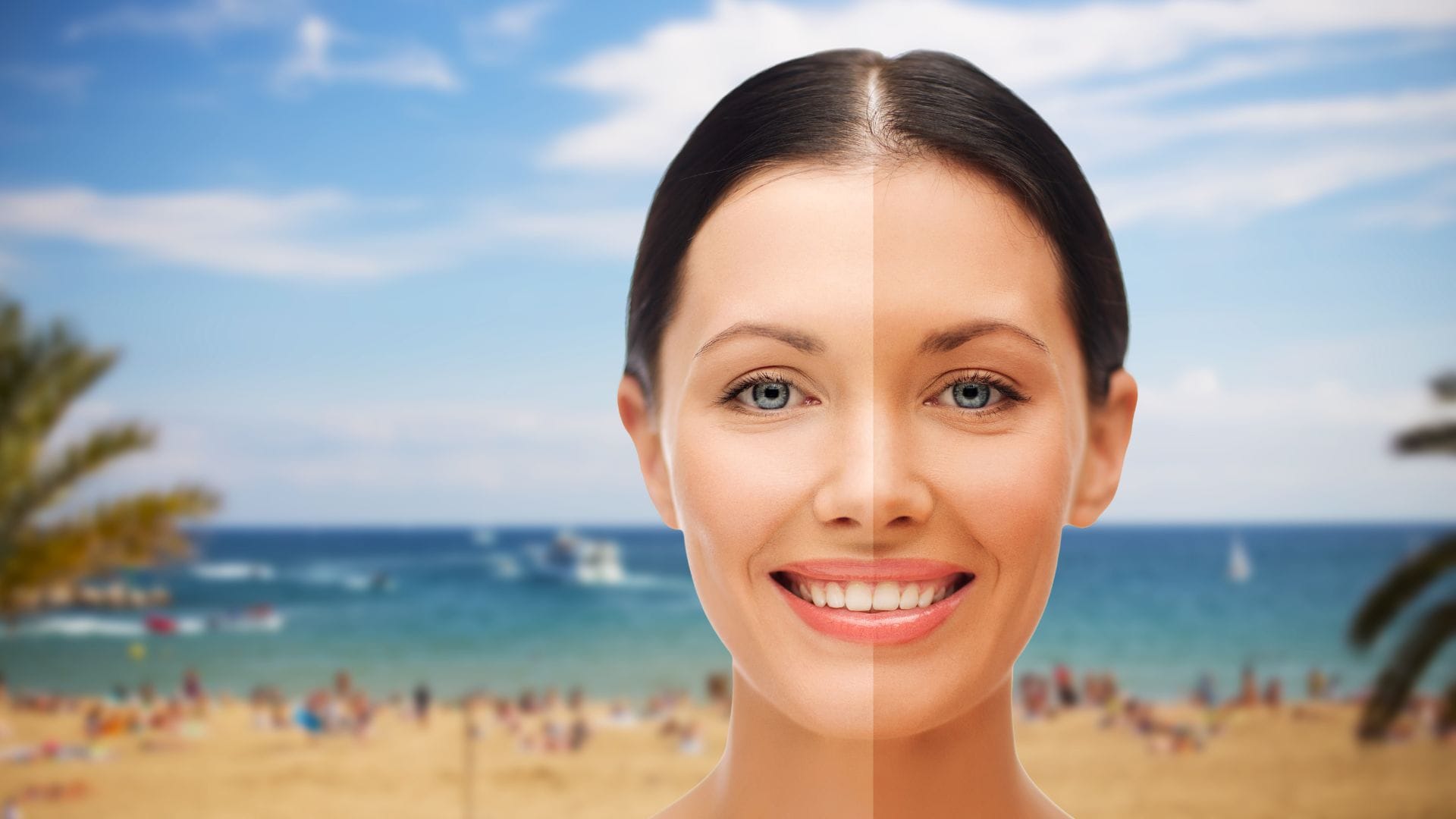 close up of beautiful smiling woman with half face tanned over exotic tropical beach with bungalow background; concept - SPF 30 vs. SPF 100