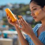 A beautiful girl outside applying sunscreen to protect herself from the sun, representing common sunscreen mistakes