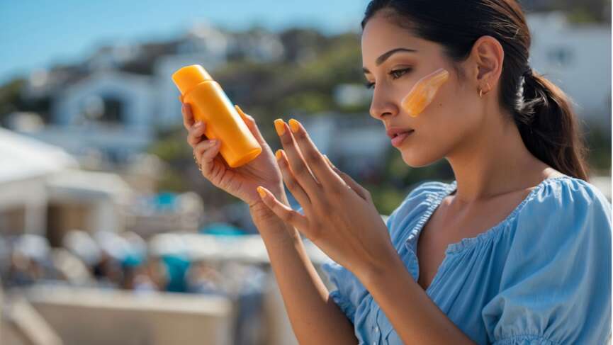 A beautiful girl outside applying sunscreen to protect herself from the sun, representing common sunscreen mistakes