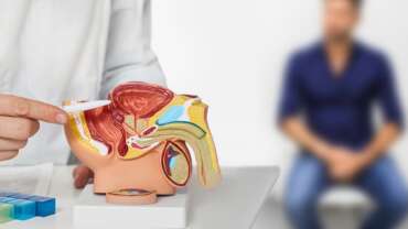 A male patient sits at the doctor's consultation for the diagnosis and foods for better prostate health