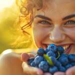 Radiant athletic woman savoring blueberries in morning glow, concept blue berries benefits