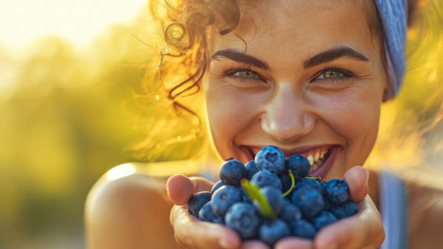 Radiant athletic woman savoring blueberries in morning glow, concept blue berries benefits