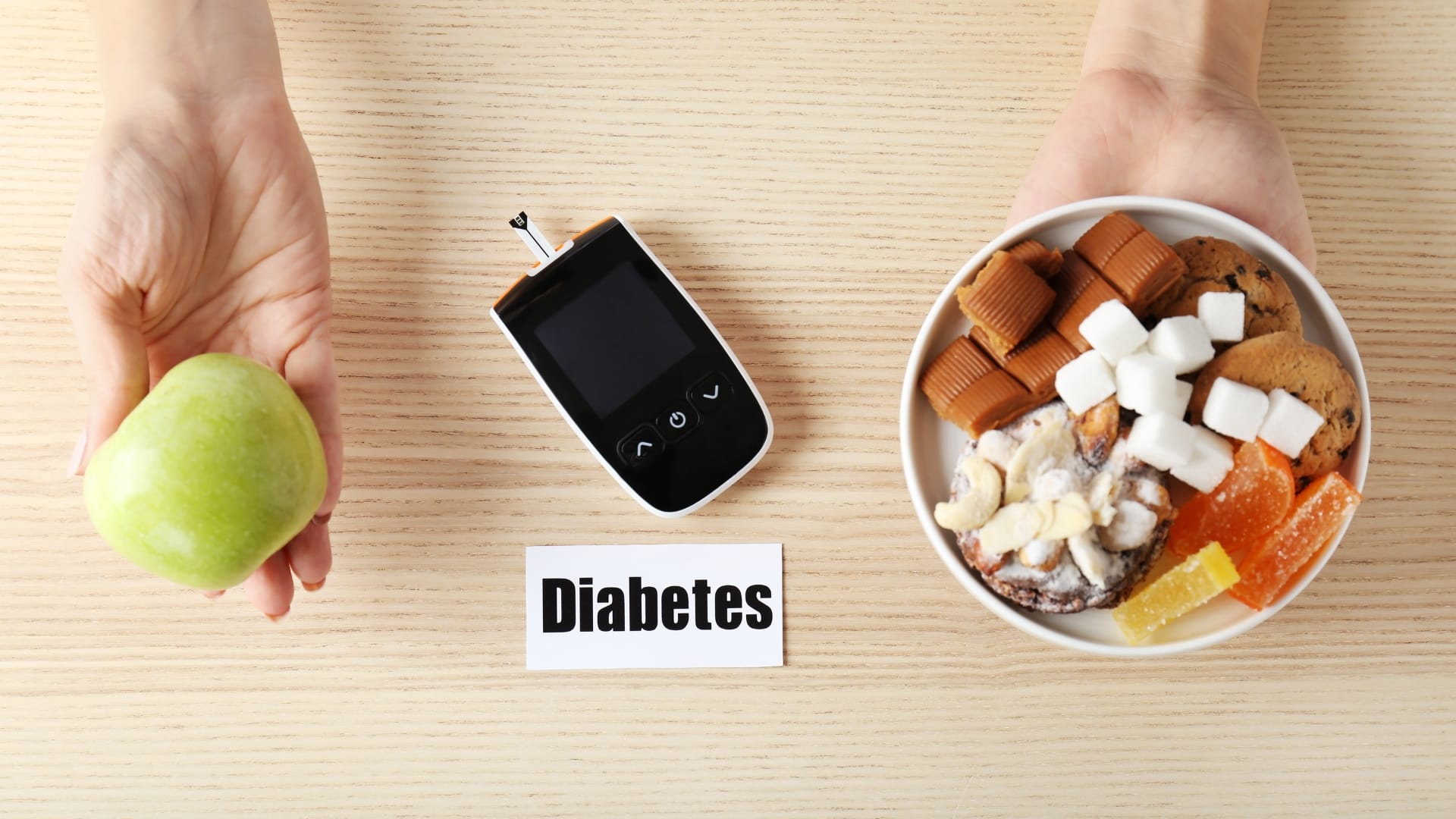 woman holding apple plate with sweets near digital glucometer representing diabetes myths, insulin resistance and modern diabetes treatment concept