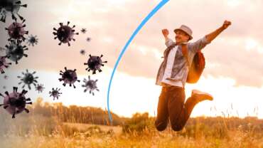 Man in the field, virus protection illustration. natural treatment and lifestyle changes for disease recovery concept