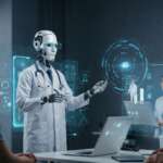 Ai robot doctor presents data to medical team during consultation in modern healthcare setting. Utah's New AI Healthcare Pilot Program concept