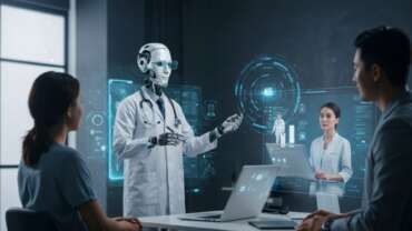 Ai robot doctor presents data to medical team during consultation in modern healthcare setting. Utah's New AI Healthcare Pilot Program concept