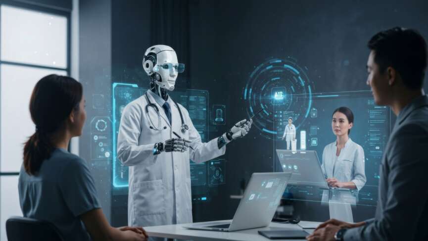 Ai robot doctor presents data to medical team during consultation in modern healthcare setting. Utah's New AI Healthcare Pilot Program concept