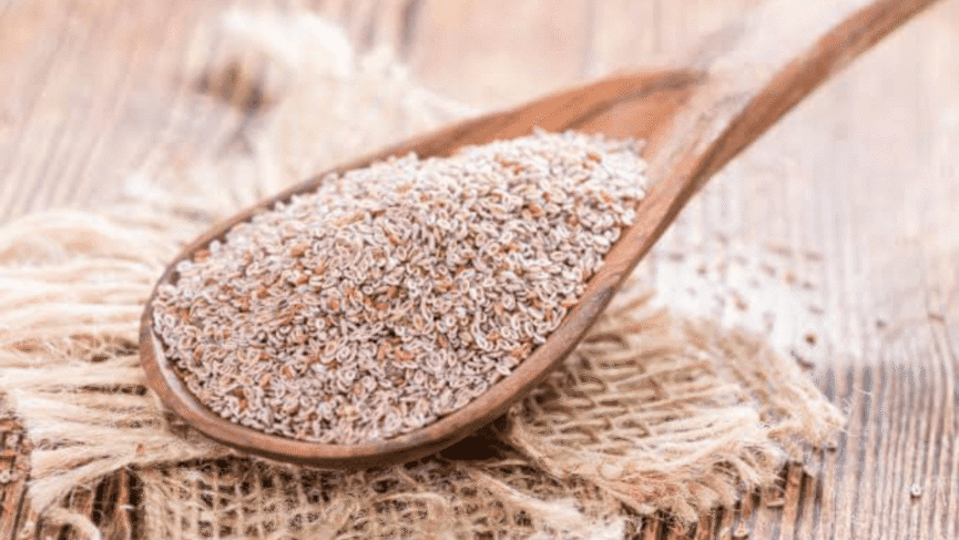 Psyllium husk powder and seeds in a wooden spoon on a white background