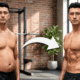 Before and after showing a man's belly fat reduced to a leaner, toned midsection in a gym